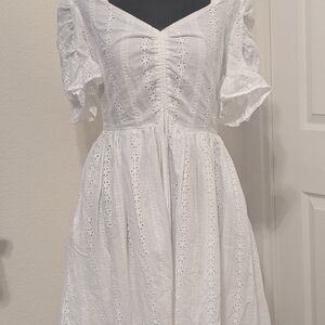 Smak Parlour White Eyelet Cottagecore Dress Puff Sleeve Ruched Bodice Size M